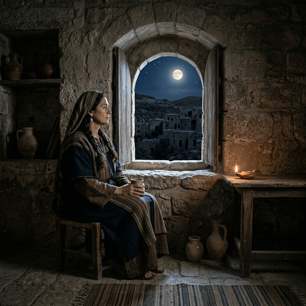 Woman in traditional clothing sitting on a stool by an open stone window at night with moon and village visible outside